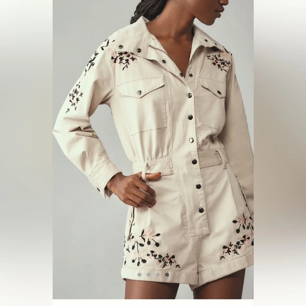 Embroidered Beige Utility Romper